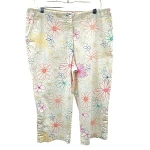 David Brooks Womens Floral Capri Pants White Multi Color Button Hem Petite 14